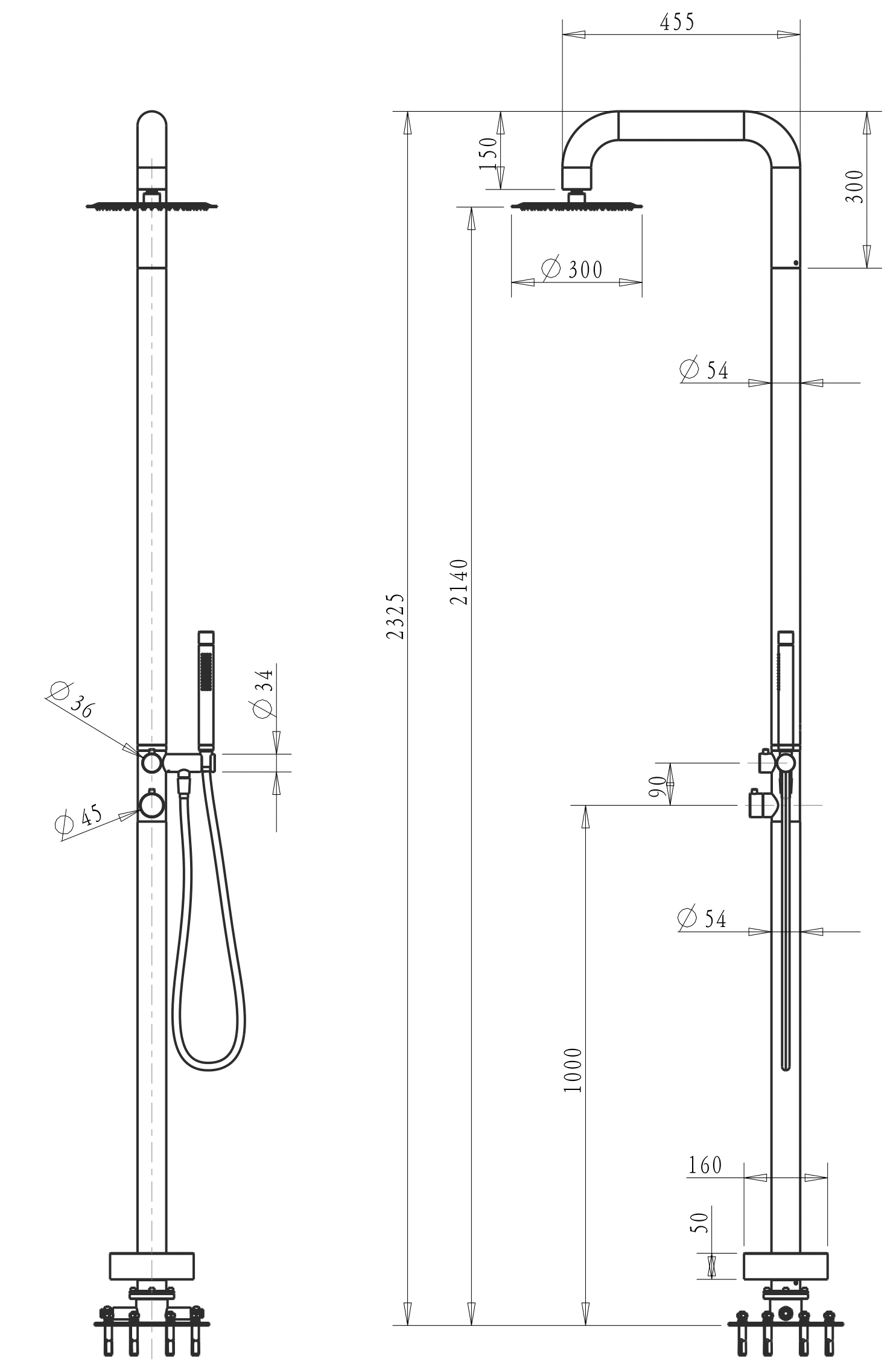 Bella Vista Mica Soft Square Freestanding Outdoor Shower - dimensions and specifications