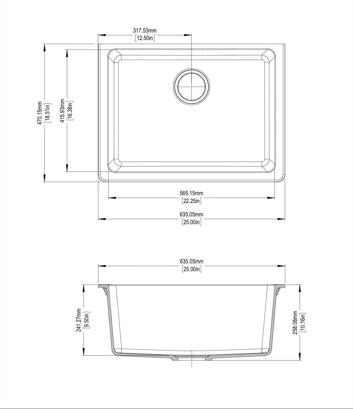 Black Granite Quartz Stone Undermount Kitchen Sink Single Bowl | 635 x 470 x 241 mm