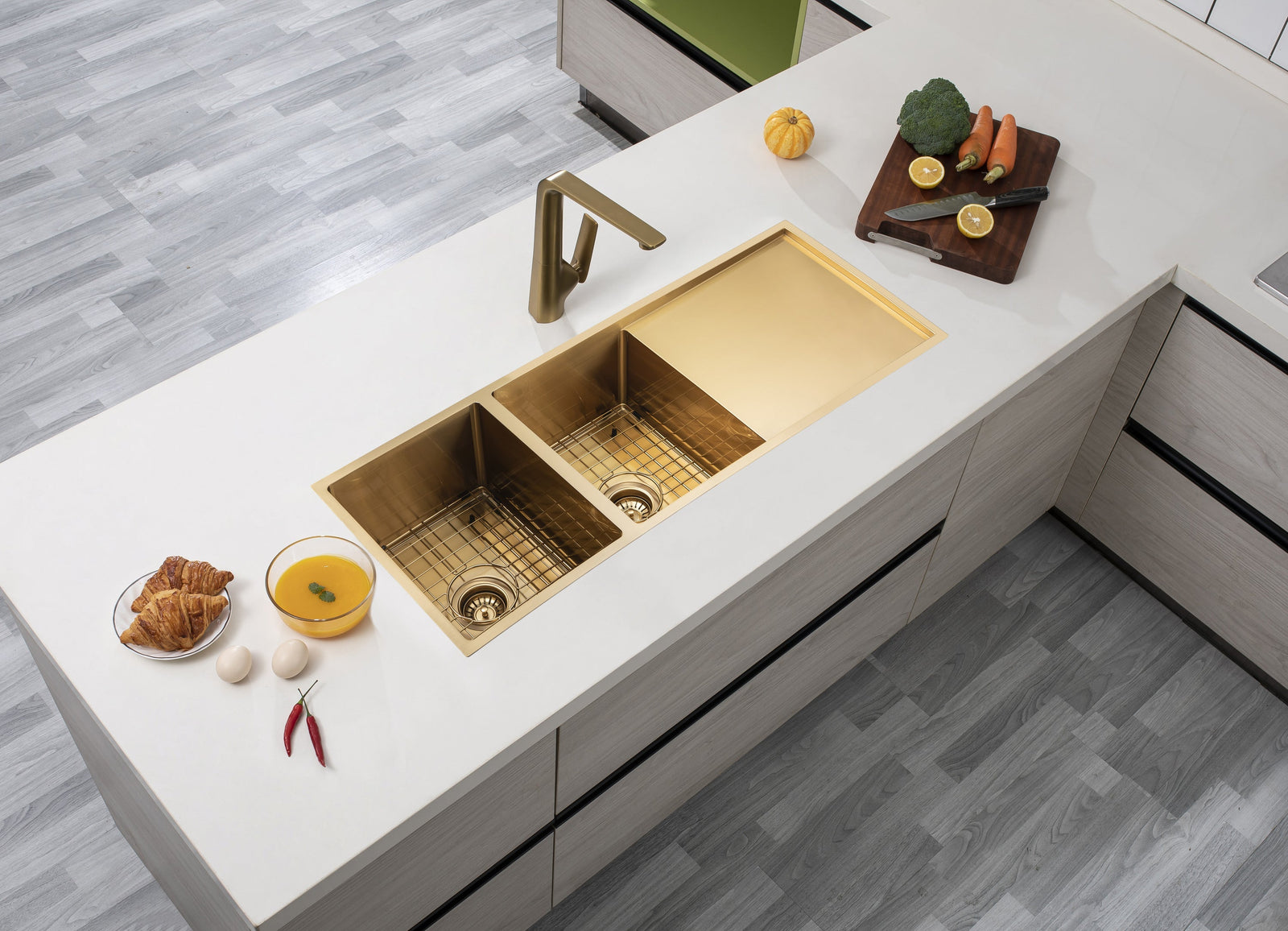 Brushed Yellow Gold 1.2mm Handmade Top/Undermount Double Bowls Kitchen Sink | 1160 x 460 x 230 mm