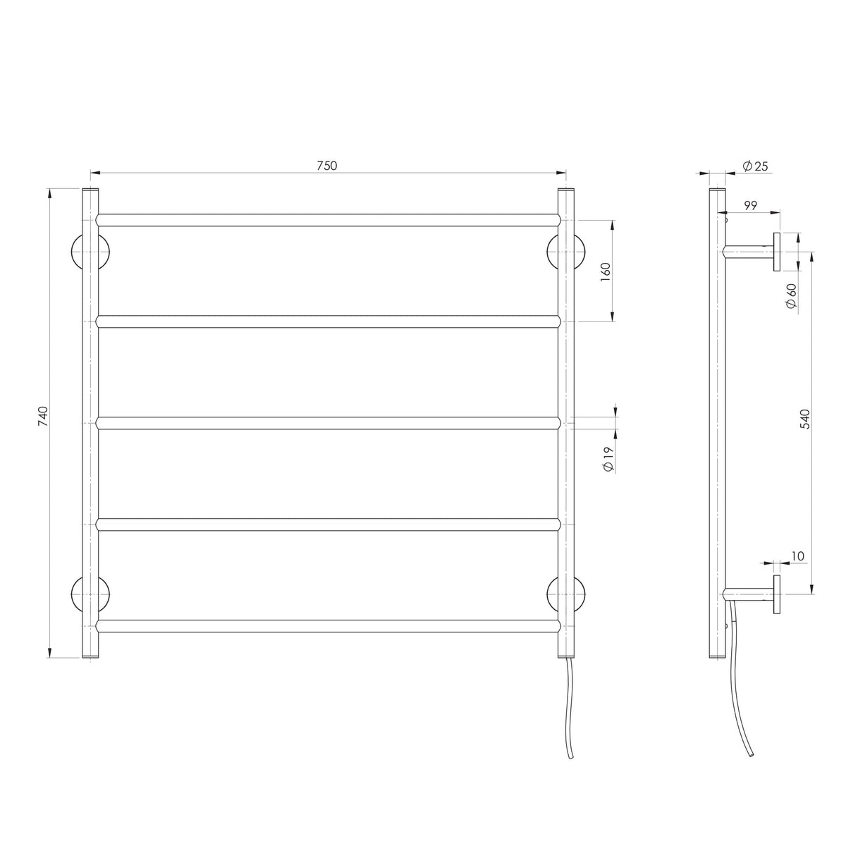 Phoenix Radii Heated Towel Ladder 750mm x 740mm