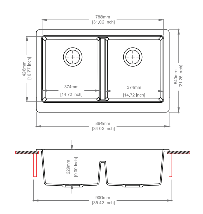 Black Granite Butler Sink Double Bowls Farmhouse Kitchen Sink Apron Front | 864 x 540 x 229 mm