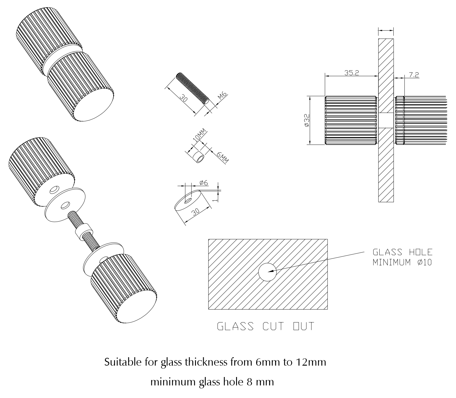 Bella Vista Shower Screen Handle - Fluted - Round - dimensions and specifications