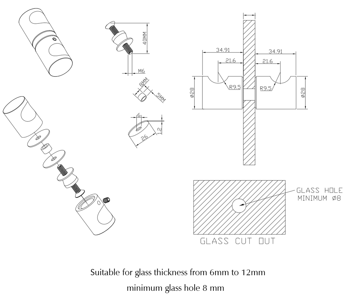 Bella Vista Shower Screen Handle - Round - dimensions and specifications