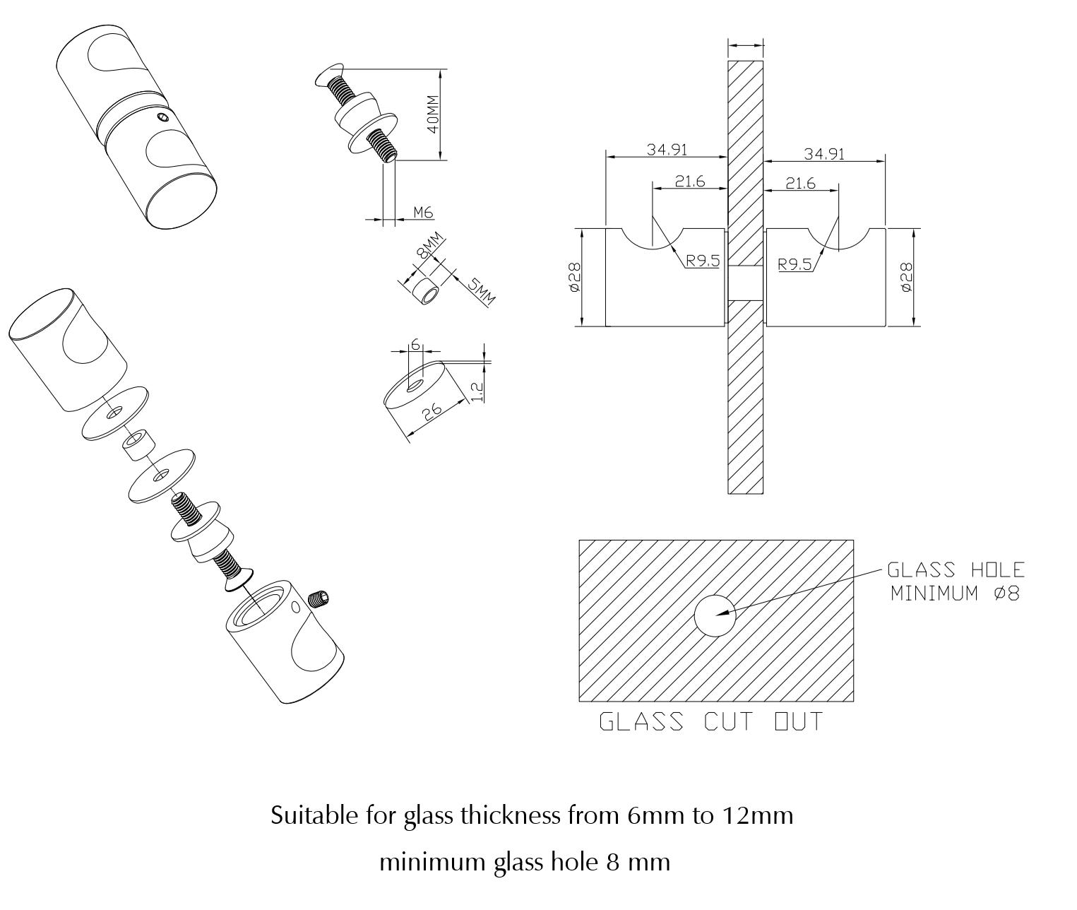 Bella Vista Shower Screen Handle - Round - dimensions and specifications