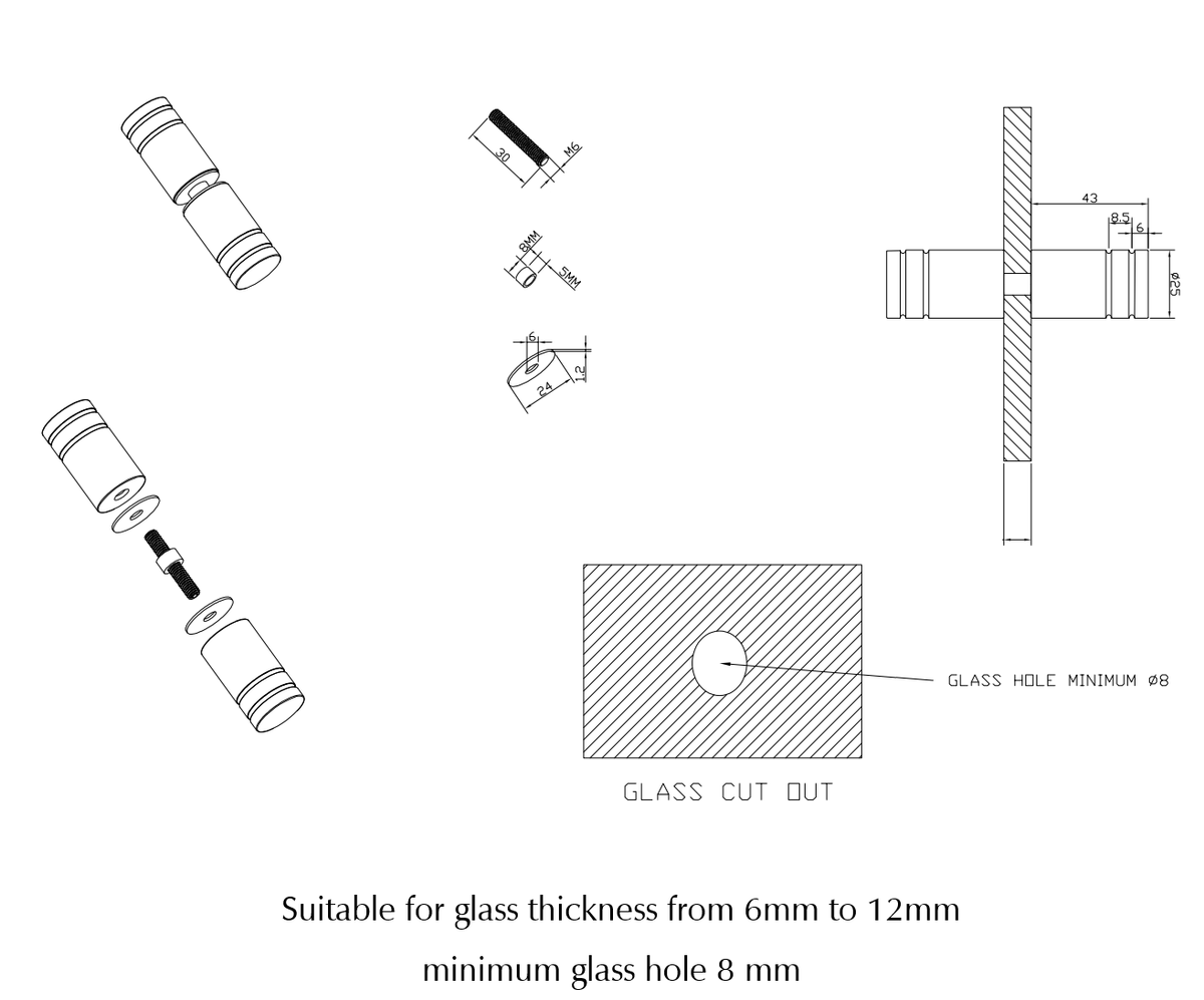 Bella Vista Shower Screen Handle - Round Slotted - dimensions and specifications