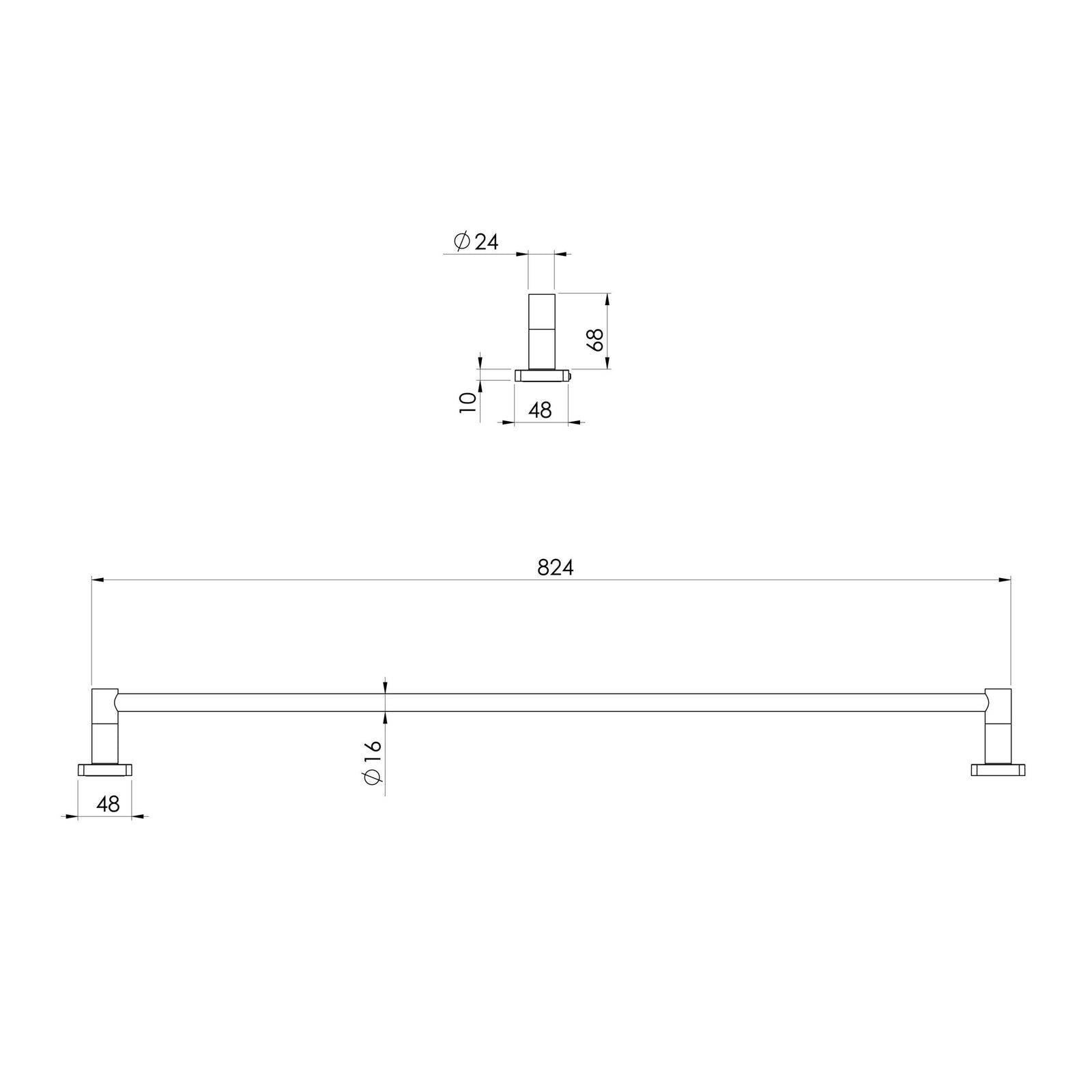 Phoenix Radii SS 316 Single Towel Rail 800mm Square Plate