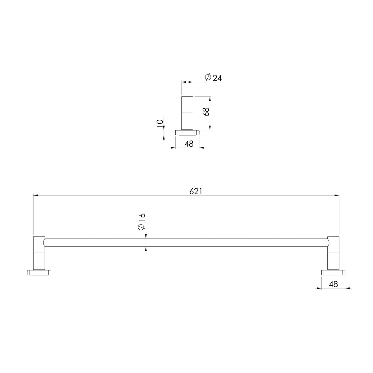 Phoenix Radii SS 316 Single Towel Rail 600mm Square Plate