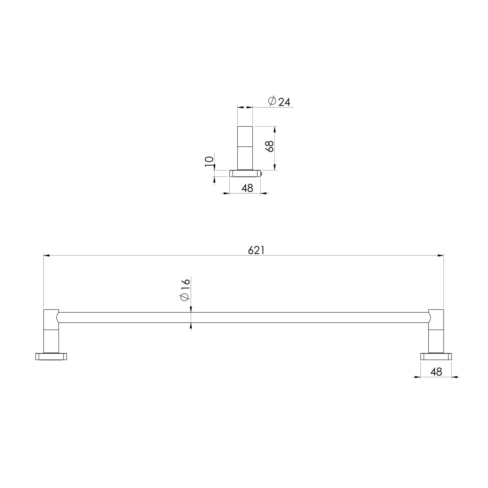 Phoenix Radii SS 316 Single Towel Rail 600mm Square Plate