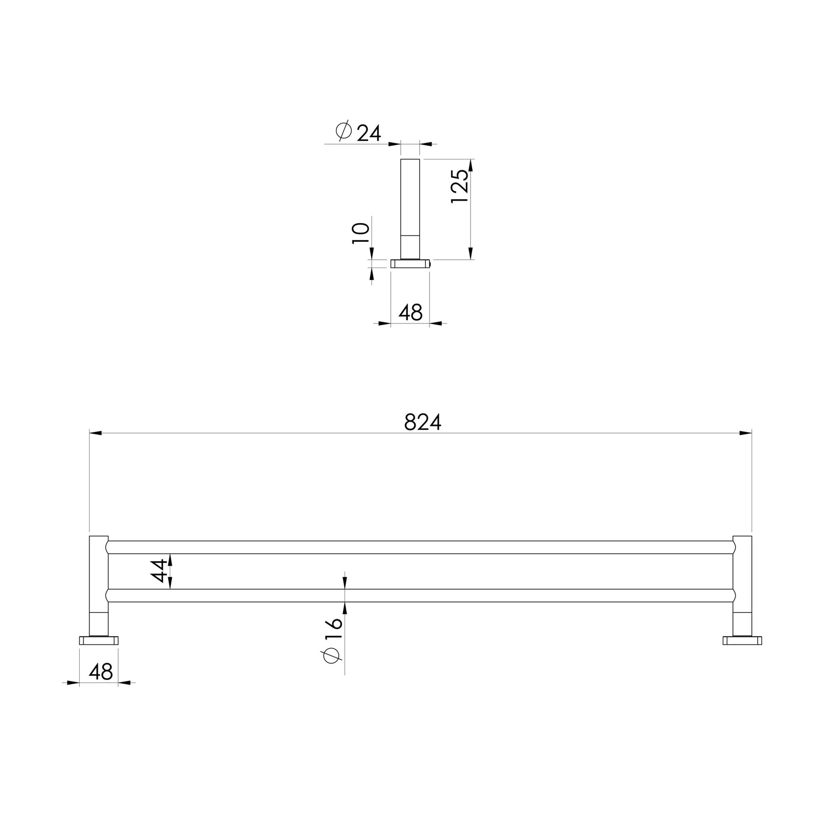 Phoenix Radii SS 316 Double Towel Rail 800mm Square Plate