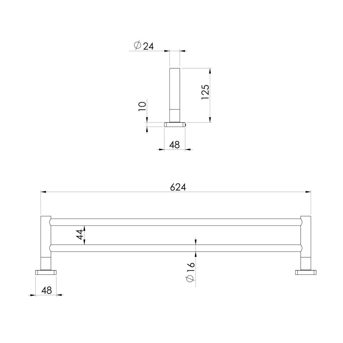 Phoenix Radii SS 316 Double Towel Rail 600mm Square Plate
