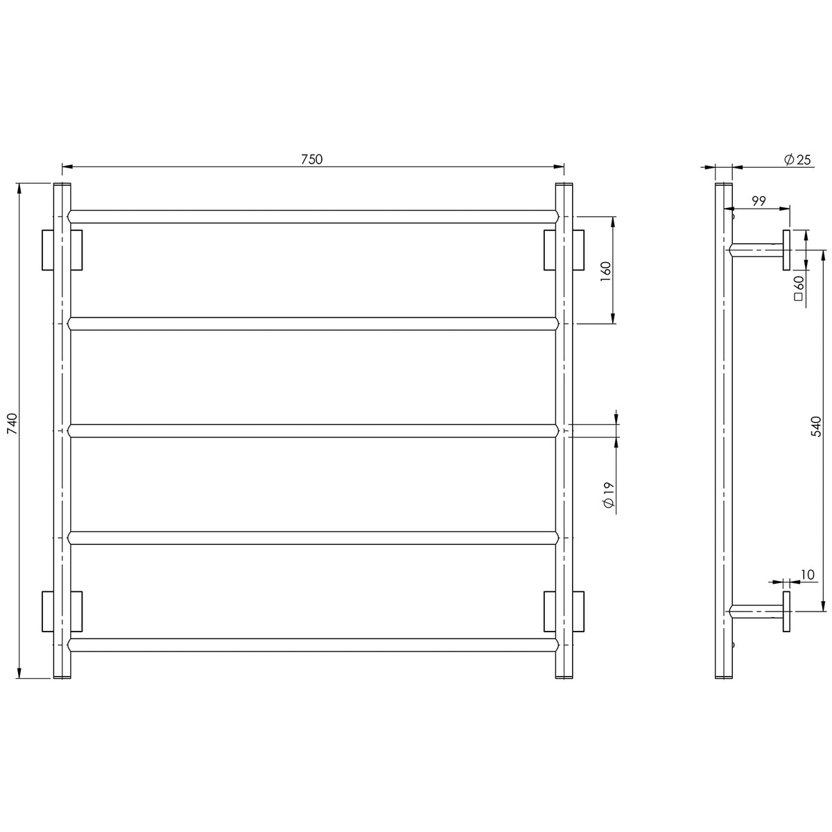 Phoenix Radii Towel Ladder 750 x 740mm Square Plate