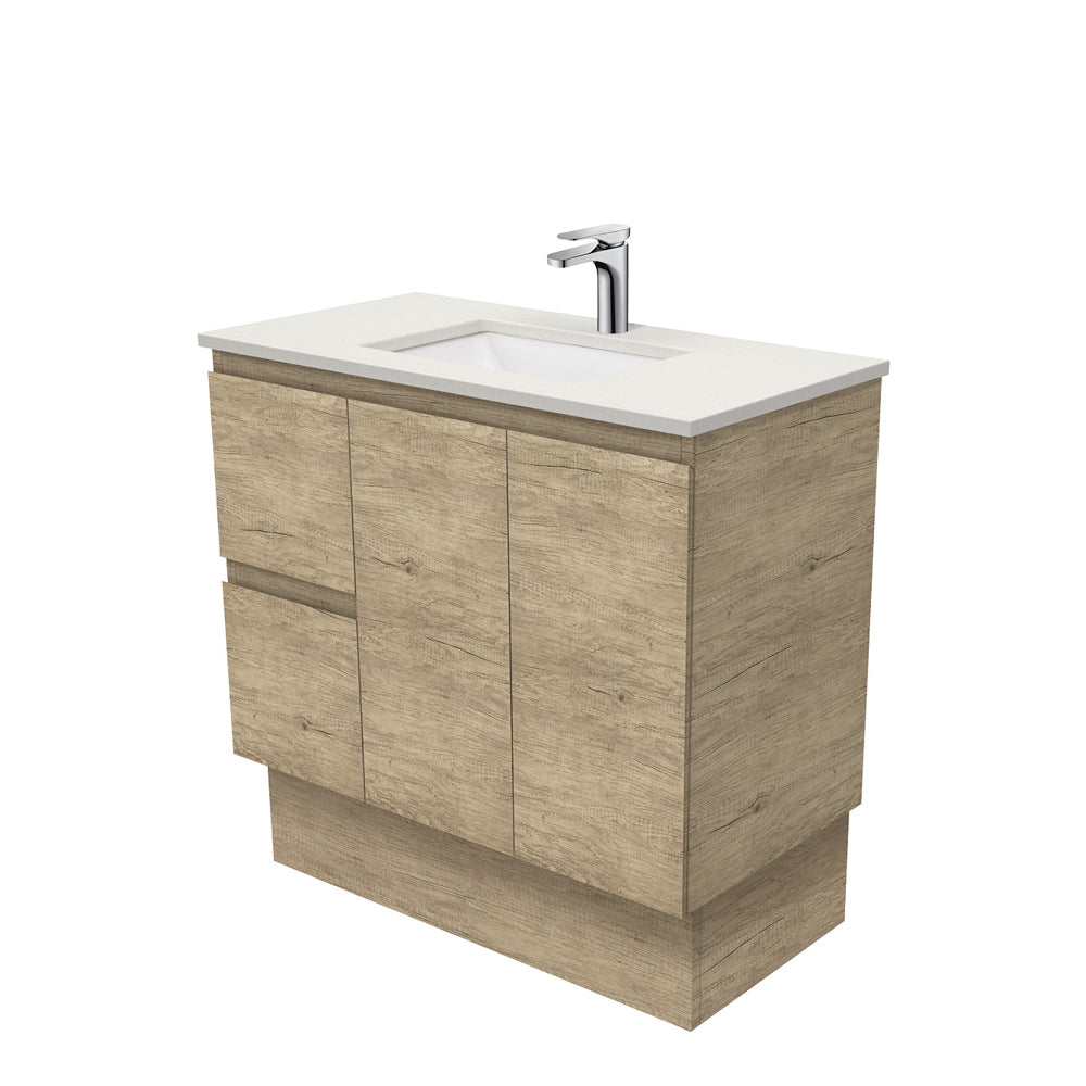 Sarah Roman Sand Undermount 900 Edge Scandi Oak Vanity on Kick, Left Drawers