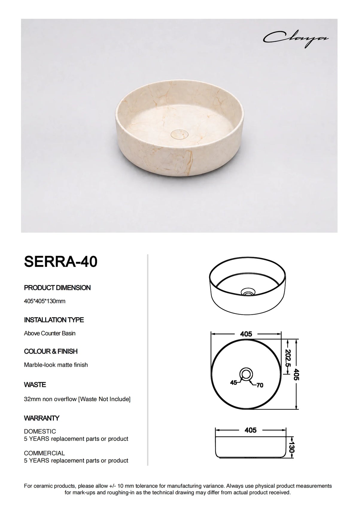 Claya - Serra-40 Above Counter Ceramic Basin Matte Stone Marble look