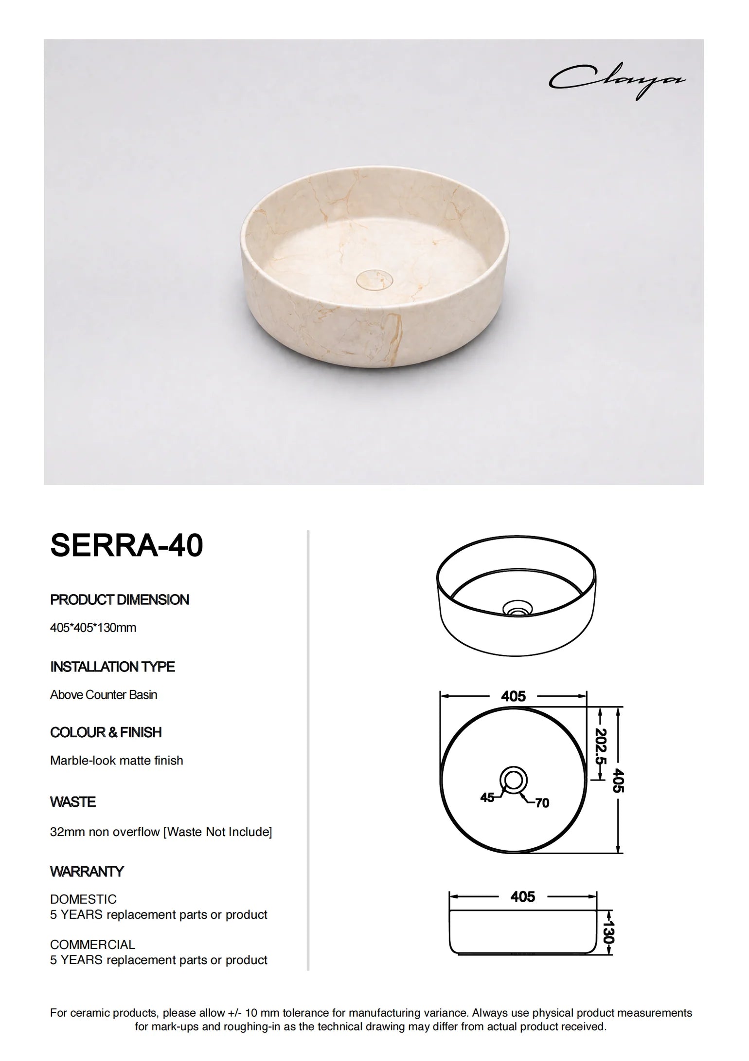Claya - Serra-40 Above Counter Ceramic Basin Matte Stone Marble look