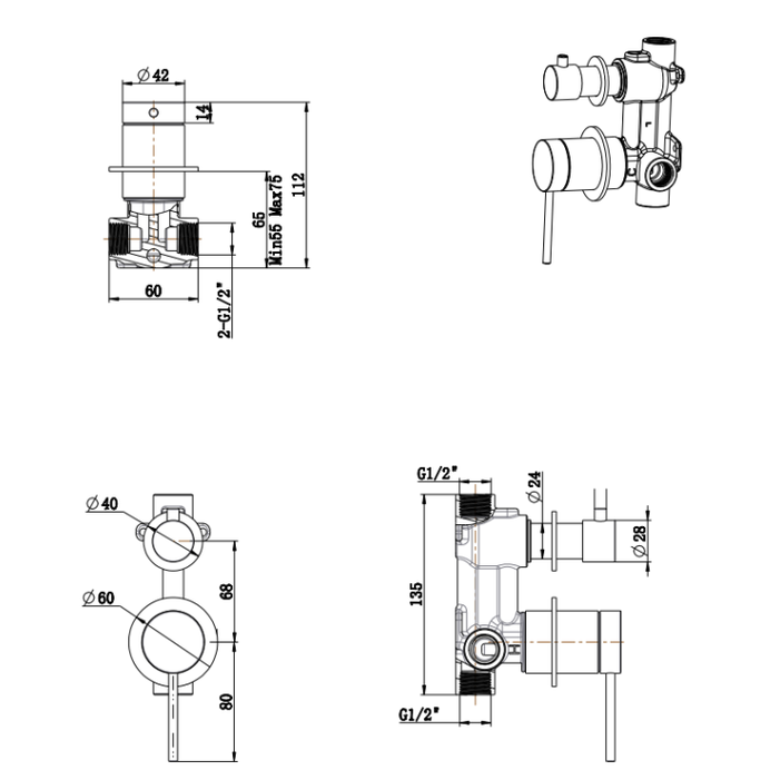 Bella Vista Mica Shower Mixer Diverter - 2P - TRIM KIT ONLY