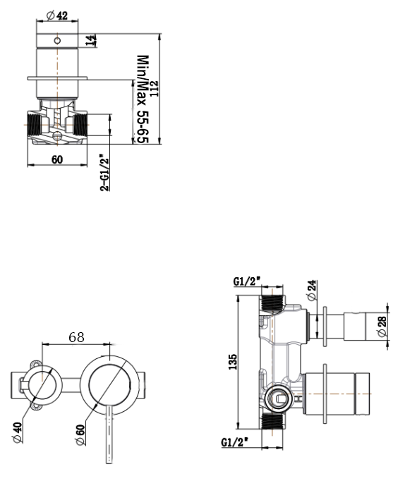 Bella Vista Mica Heritage Shower Mixer Diverter - Sideways - Trim Kit Only - dimensions and specifications