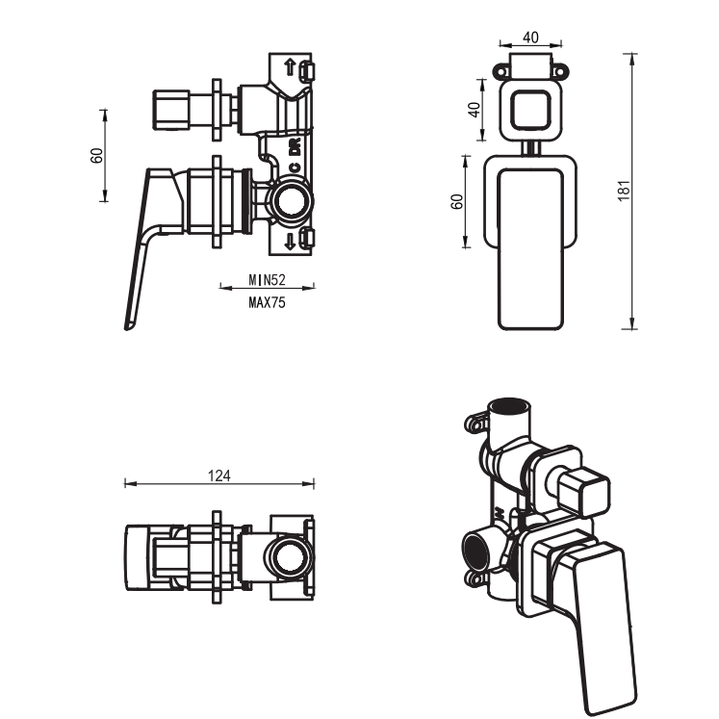 Bella Vista Tiago Shower Mixer Diverter - 2P - TRIM KIT ONLY