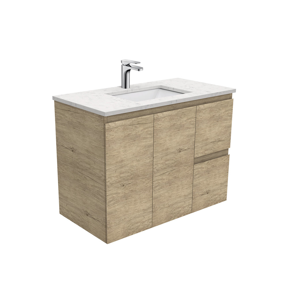 Sarah Bianco Marble Undermount 900 Edge Scandi Oak Wall-Hung Vanity, Right Drawers