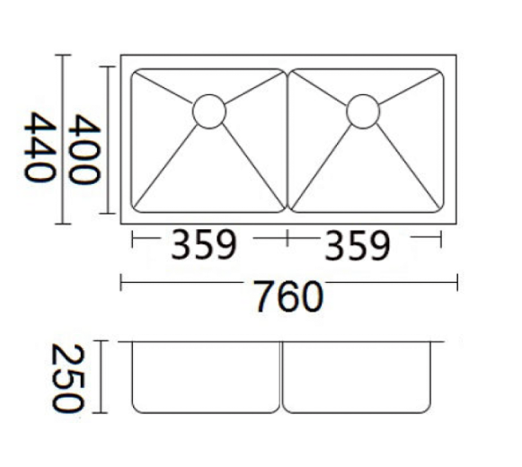 Bella Vista Luminare Sink 760 x 440mm - Double Bowl - dimensions and specifications