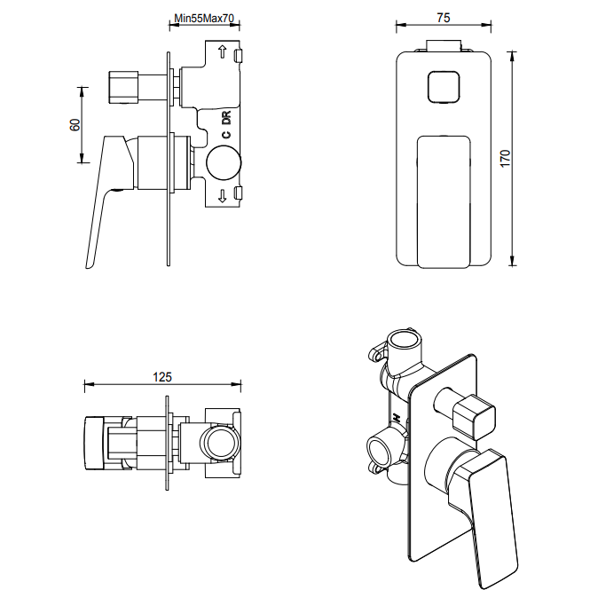 Bella Vista Tiago Shower Mixer Diverter - TRIM KIT ONLY