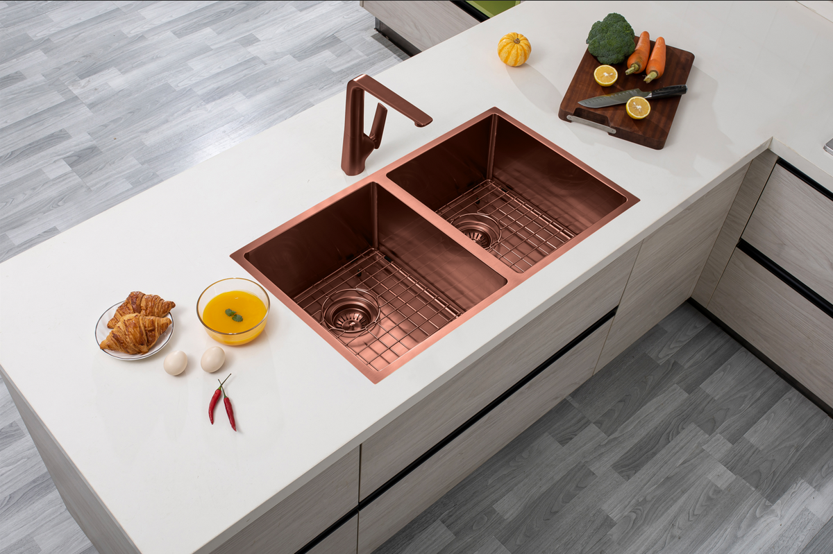 Rose Gold PVD 1.2mm Handmade Top/Undermount Double Bowls Kitchen Sink | 820x457x230mm