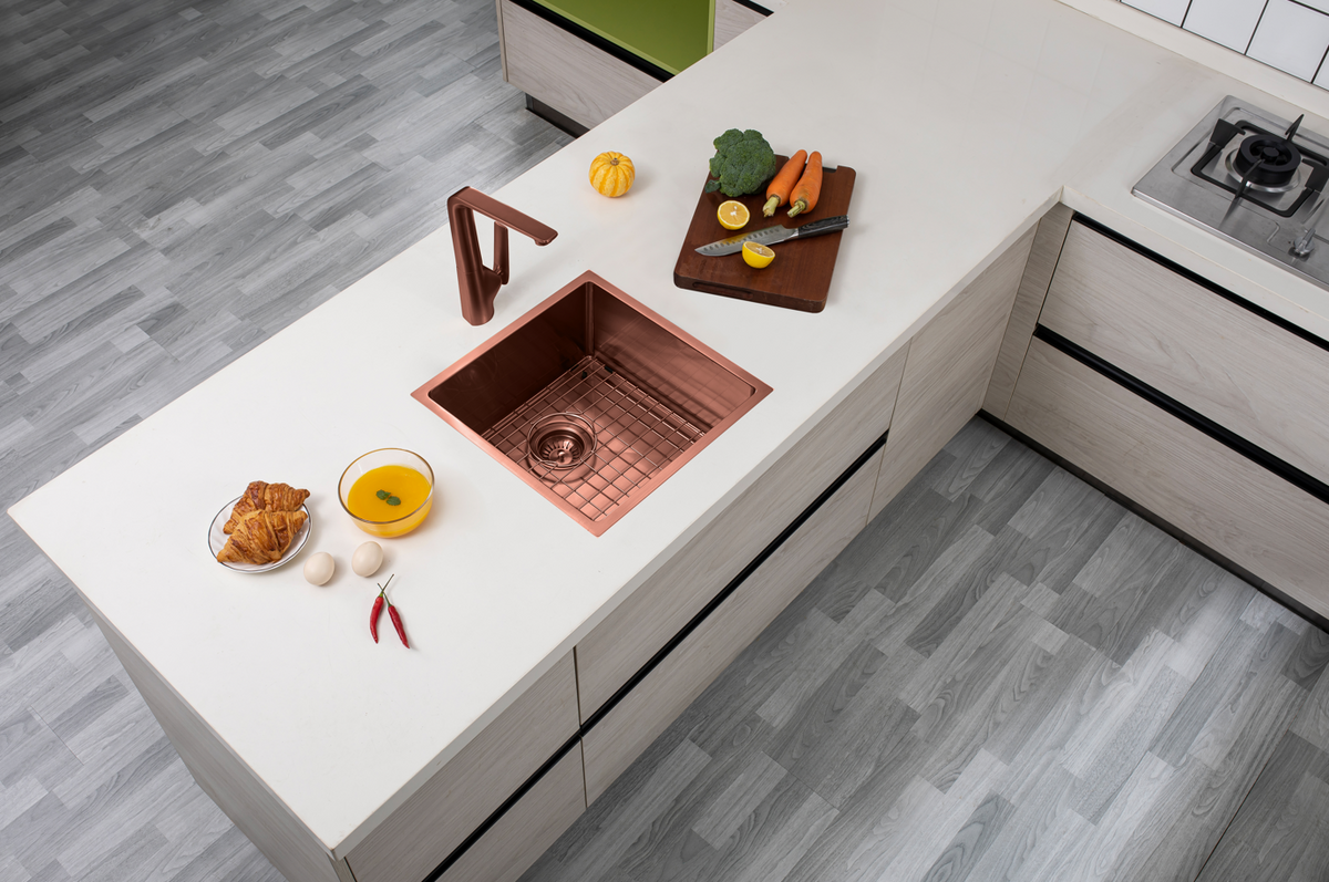 Rose Gold PVD Stainless Steel Handmade Single Bowl Sink for Flush Mount and Undermount | 440x440x205mm