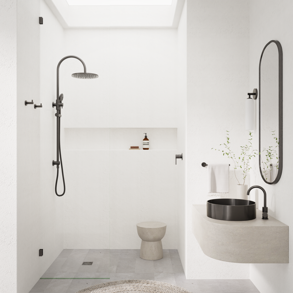 Meir 300mm Round Overhead Shower Rail, Three Function Hand Shower