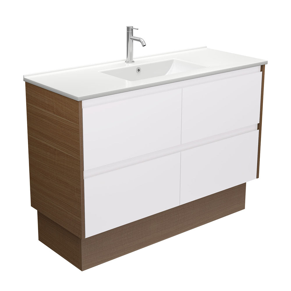 Fienza Dolce Amato 1200mm Satin White Basin - Satin White Vanity, Walnut Panels