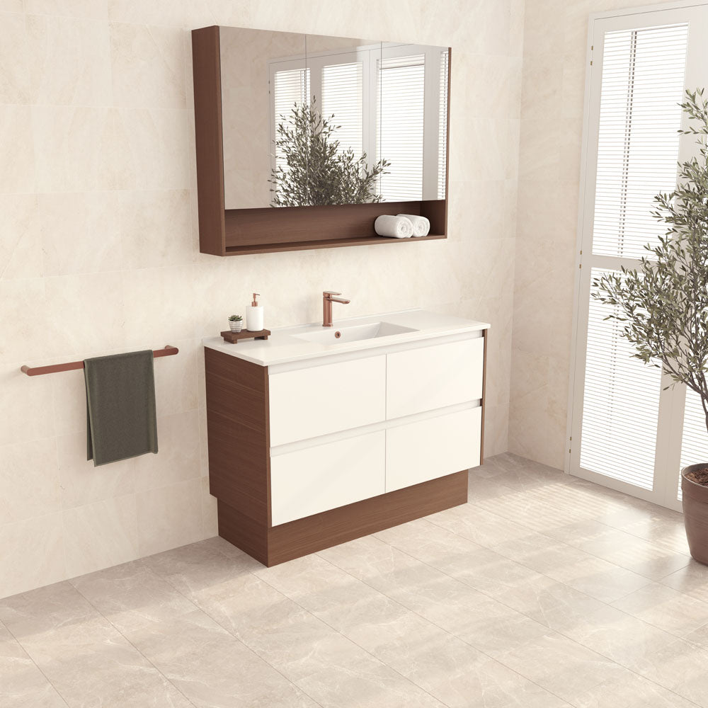Fienza Dolce Amato 1200mm Satin White Basin - Satin White Vanity, Walnut Panels