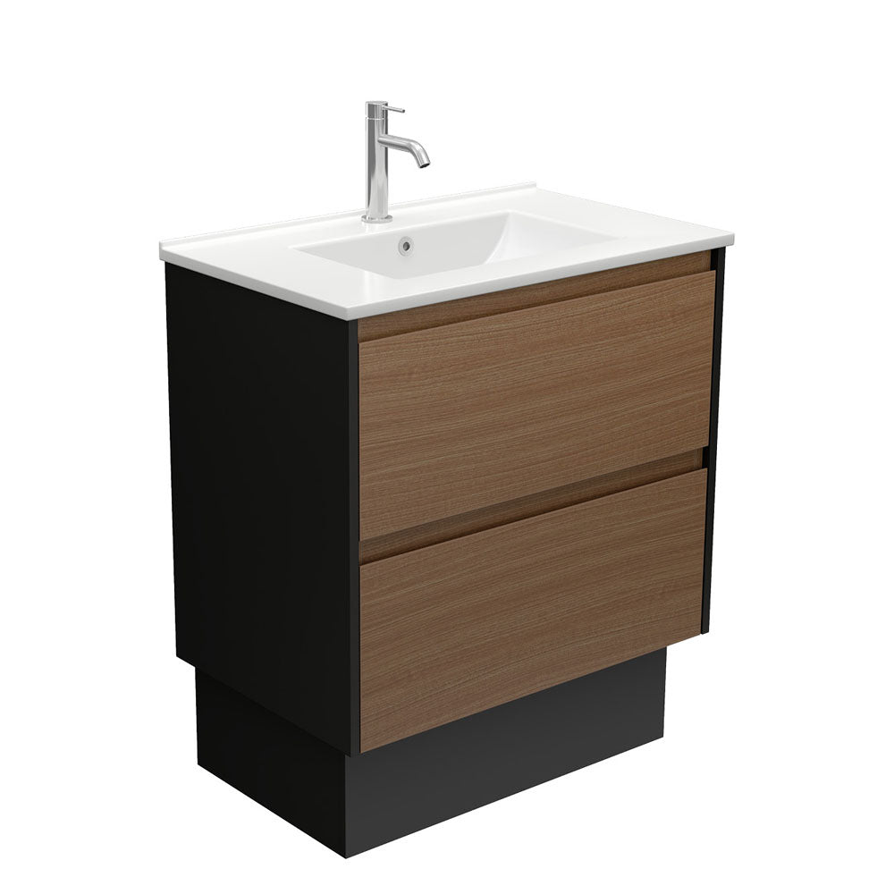 Fienza Dolce Amato 750mm Satin White Basin - Walnut Vanity, Satin Black Panels