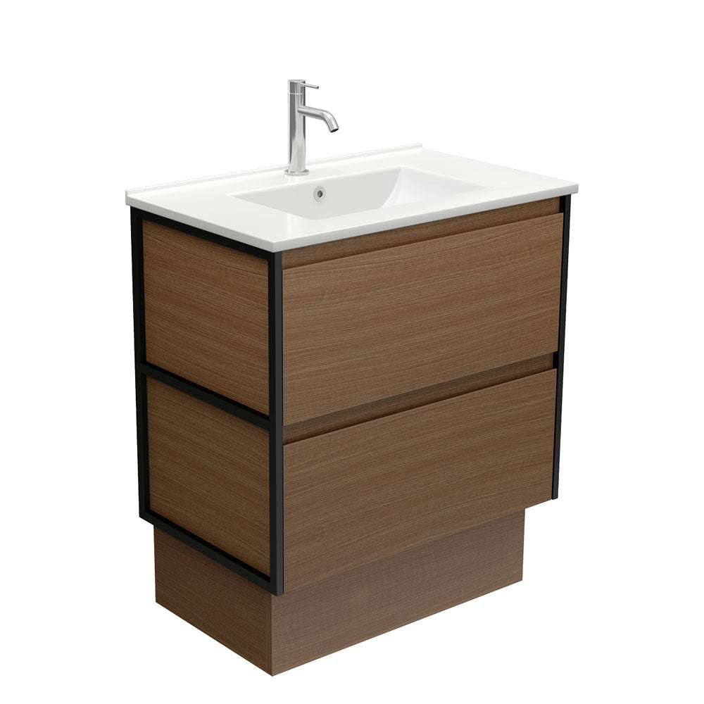Fienza Dolce Amato 750mm Satin White Basin - Walnut Vanity, Matte Black Frames