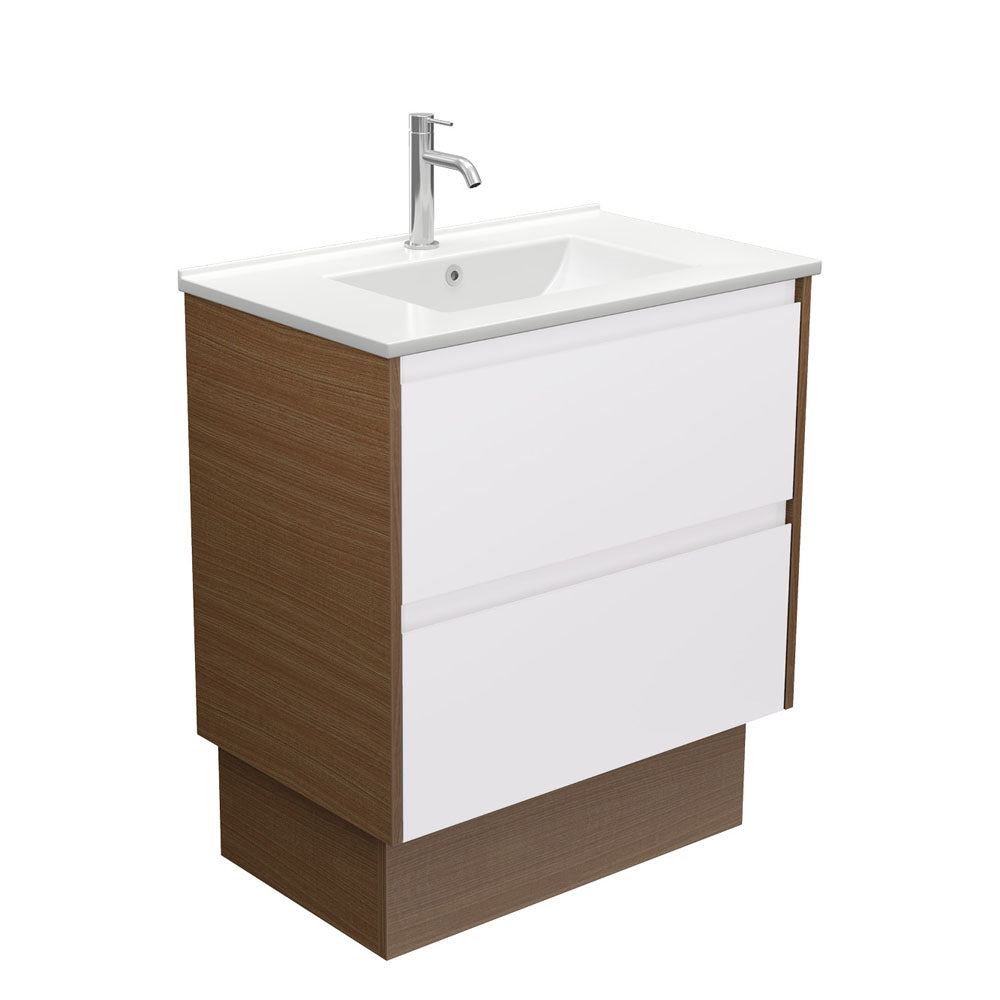 Fienza Dolce Amato 750mm Satin White Basin - Satin White Vanity, Walnut Panels