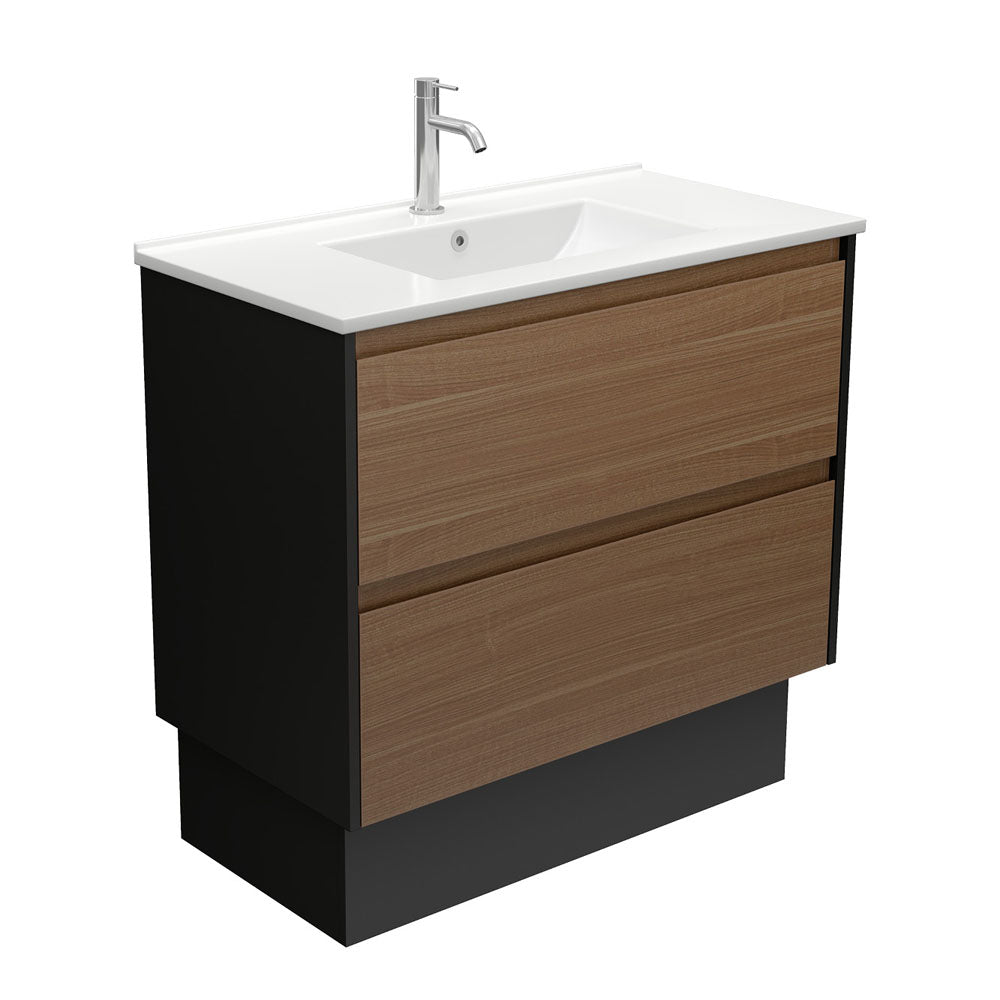 Fienza Dolce Amato 900mm Satin White Basin - Walnut Vanity, Satin Black Panels