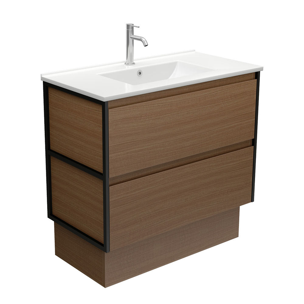 Fienza Dolce Amato 900mm Satin White Basin - Walnut Vanity, Matte Black Frames