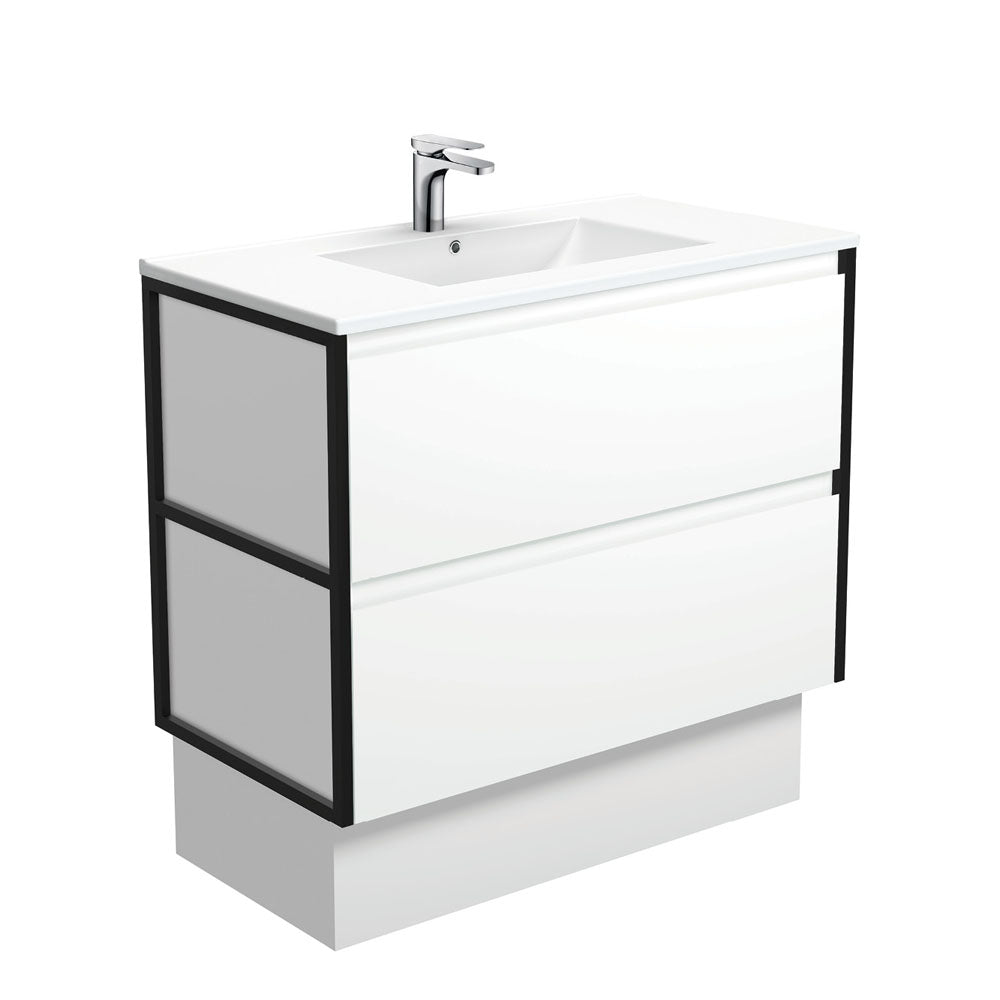Fienza Dolce Amato 900mm Satin White Basin - Satin White Vanity, Matte Black Frames