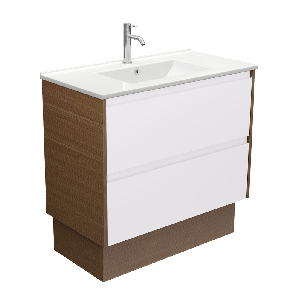 Fienza Dolce Amato 900mm Satin White Basin - Satin White Vanity, Walnut Panels