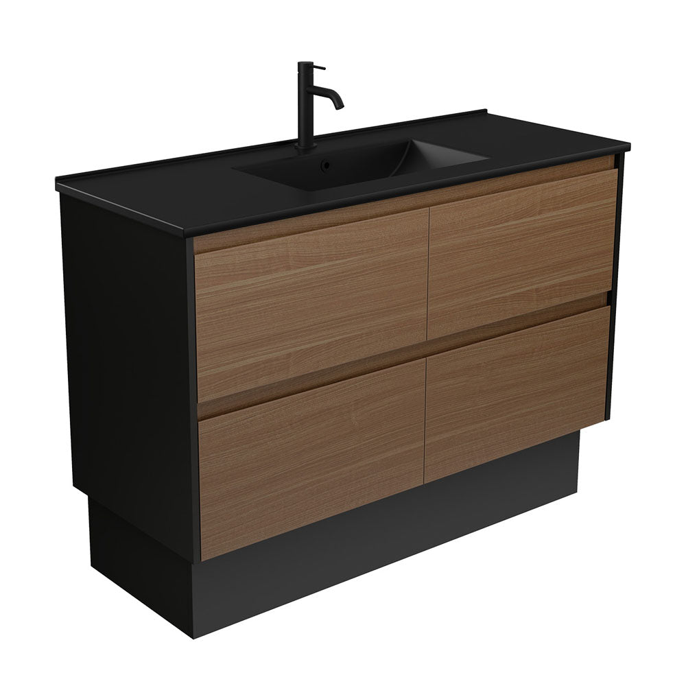 Fienza Dolce Amato 1200mm Matte Black Basin - Walnut Vanity, Satin Black Panels