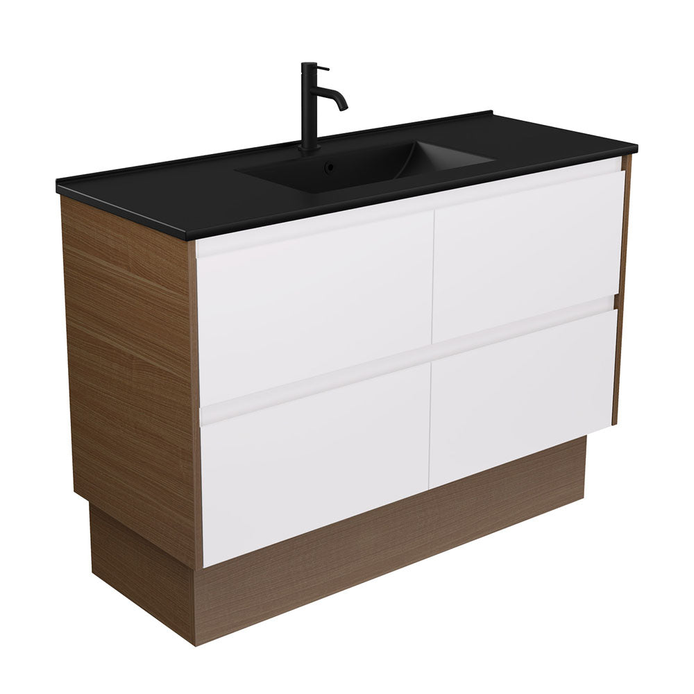 Fienza Dolce Amato 1200mm Matte Black Basin - Satin White Vanity, Walnut Panels