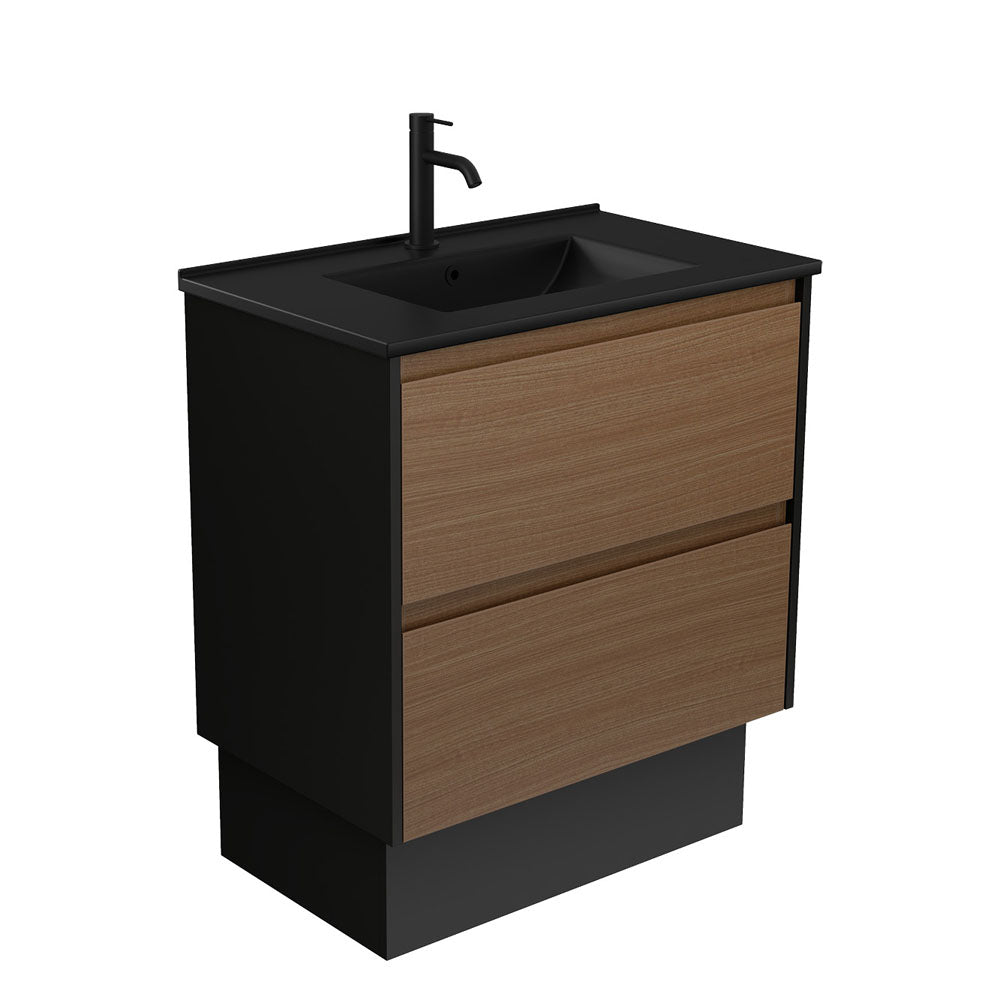 Fienza Dolce Amato 750mm Matte Black Basin - Walnut Vanity, Satin Black Panels