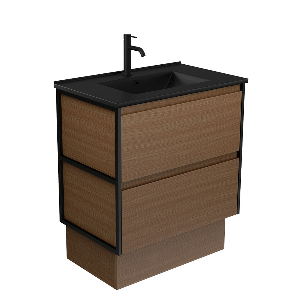 Fienza Dolce Amato 750mm Matte Black Basin - Walnut Vanity, Matte Black Frames