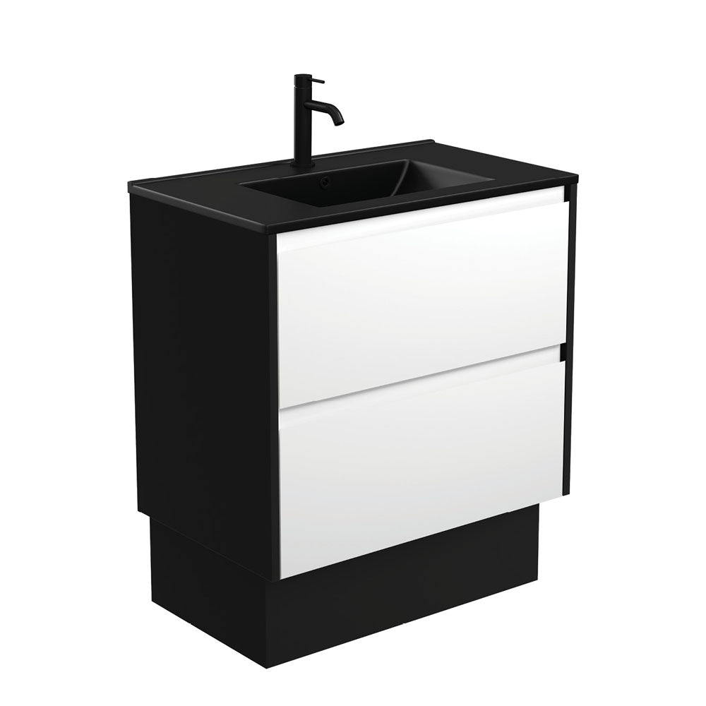 Fienza Dolce Amato 750mm Matte Black Basin - Satin White Vanity, Satin Black Panels