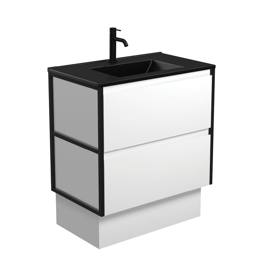Fienza Dolce Amato 750mm Matte Black Basin - Satin White Vanity, Matte Black Frames