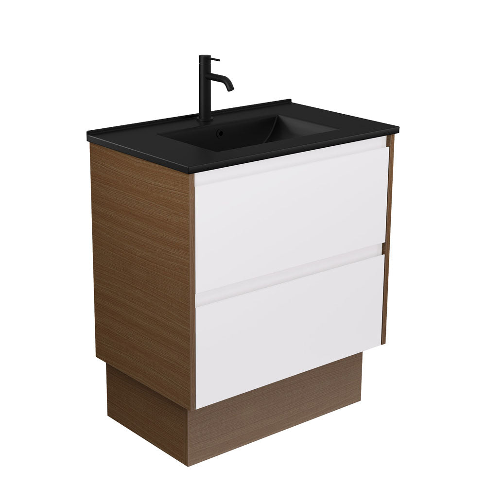 Fienza Dolce Amato 750mm Matte Black Basin - Satin White Vanity, Walnut Panels
