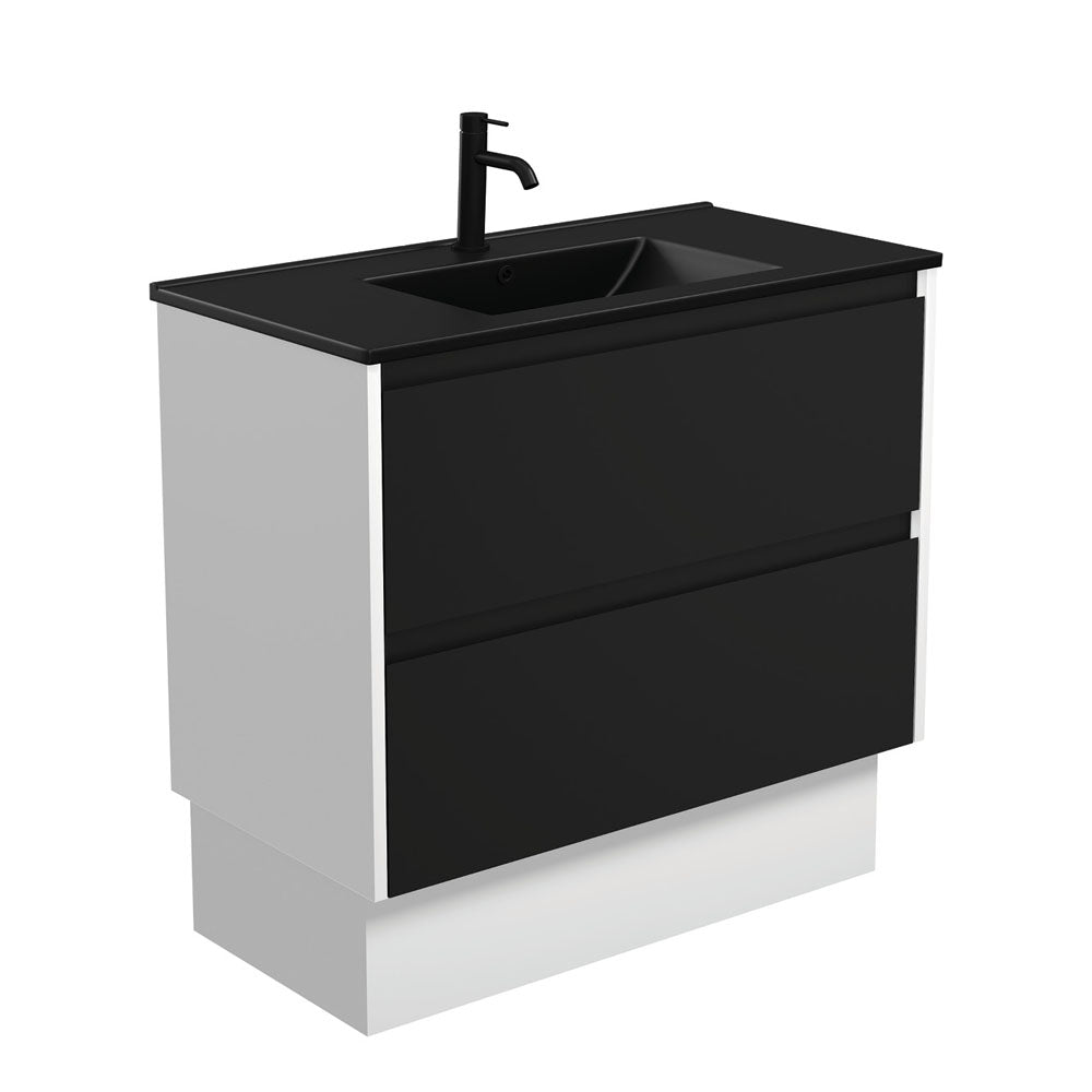 Fienza Dolce Amato 900mm Matte Black Basin - Satin Black Vanity, Satin White Panels