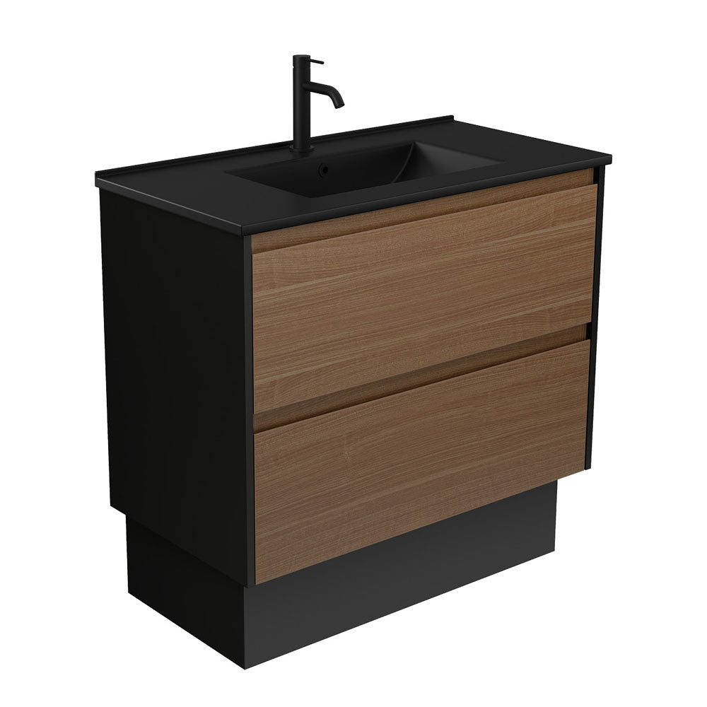 Fienza Dolce Amato 900mm Matte Black Basin - Walnut Vanity, Satin Black Panels
