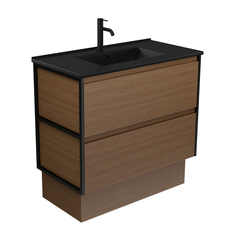 Fienza Dolce Amato 900mm Matte Black Basin - Walnut Vanity, Matte Black Frames