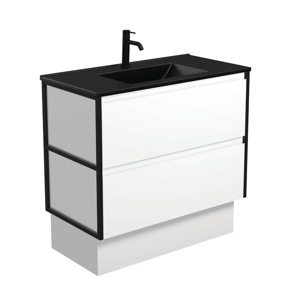 Fienza Dolce Amato 900mm Matte Black Basin - Satin White Vanity, Matte Black Frames