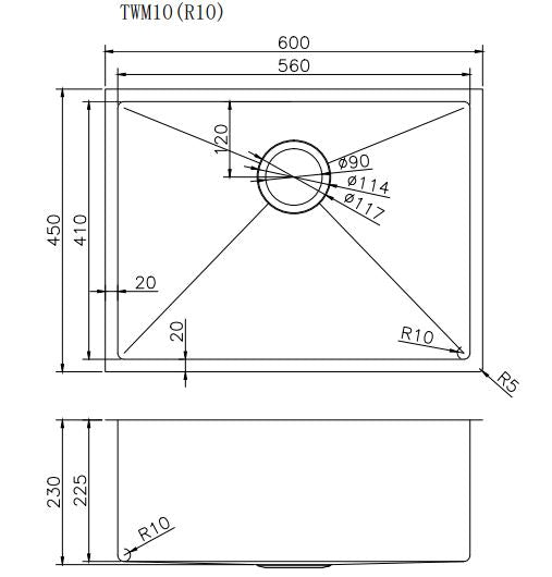 1.2mm Handmade Top/Undermount Single Bowl Kitchen Sink 304 Stainless Steel | 600x450x230mm