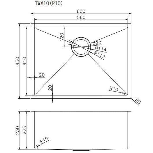 Handmade Top/Undermount Single Bowl Kitchen Sink 304 Stainless Steel | 600x450x230mm