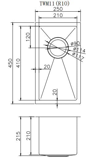 1.2mm Handmade Top/Undermount Single Bowl Kitchen Sink | 250x450x215mm